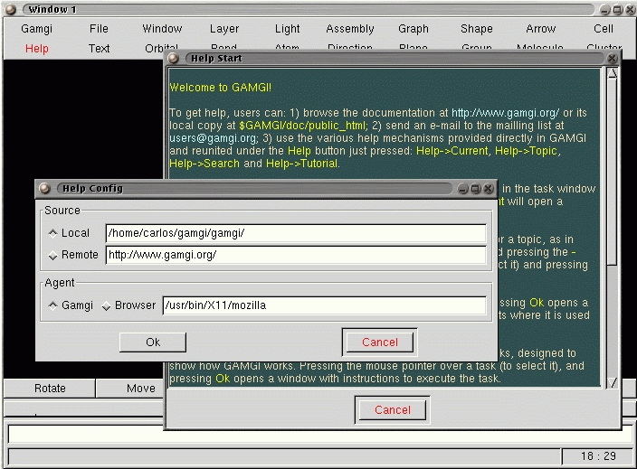 Image showing Help->Config and Help->Start dialogs
