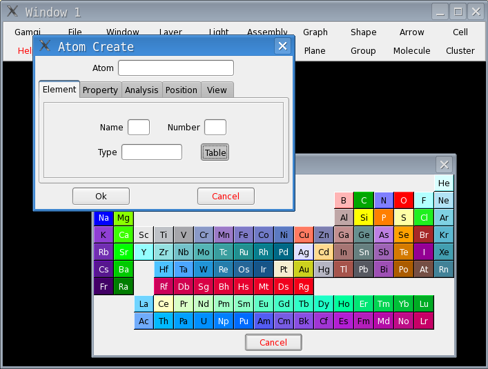 Image showing Atom dialogs, including the Periodic Table of the Elements